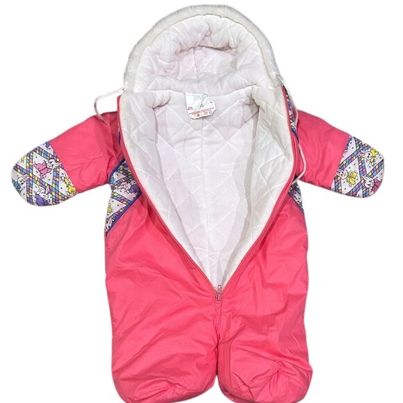 Vintage Pink Baby Snowsuit 0-6M Bunting Bag Hooded Bunny Print 80s/90s  Cozycore - Picture 2 of 8